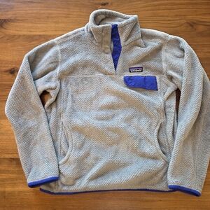 Patagonia Women's Re-Tool Snap-T Pullover Gray Fleece with Blue Accents, Size M